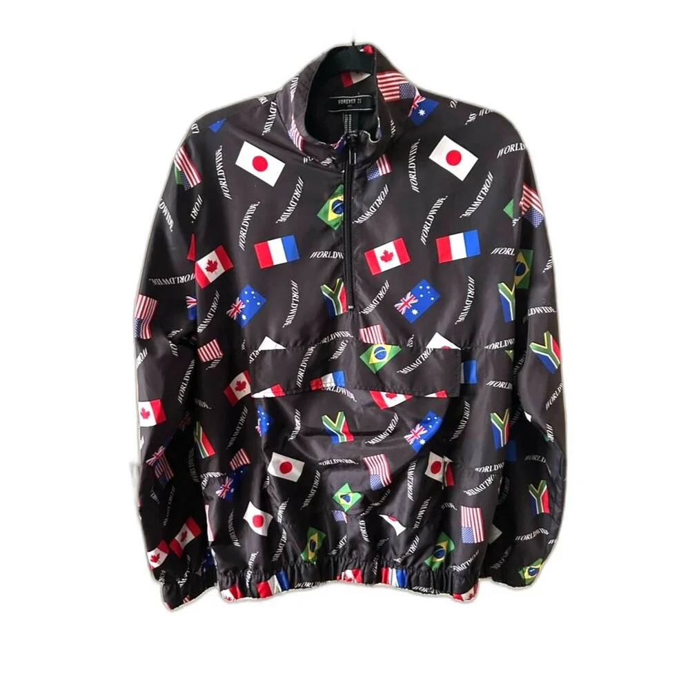 Forever 21 Men's 1/4 Zip Windbreaker with Multicolor Flag Accents - Size Medium